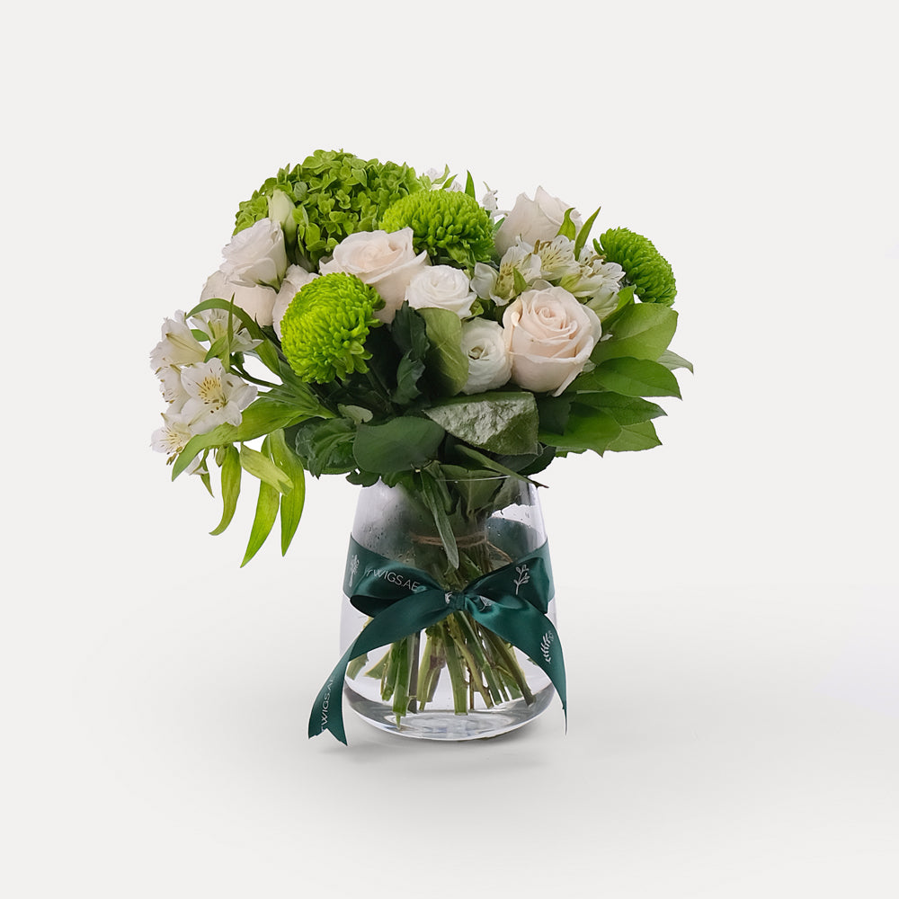 Green and White Flower Vase Arrangement - Medium