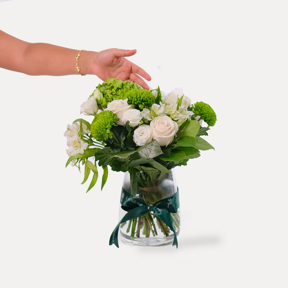 Green and White Flower Vase Arrangement - Medium