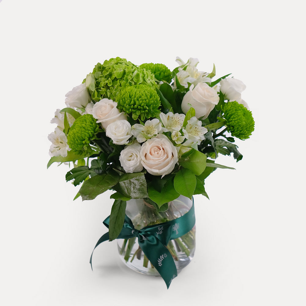 Green and White Flower Vase Arrangement - Medium