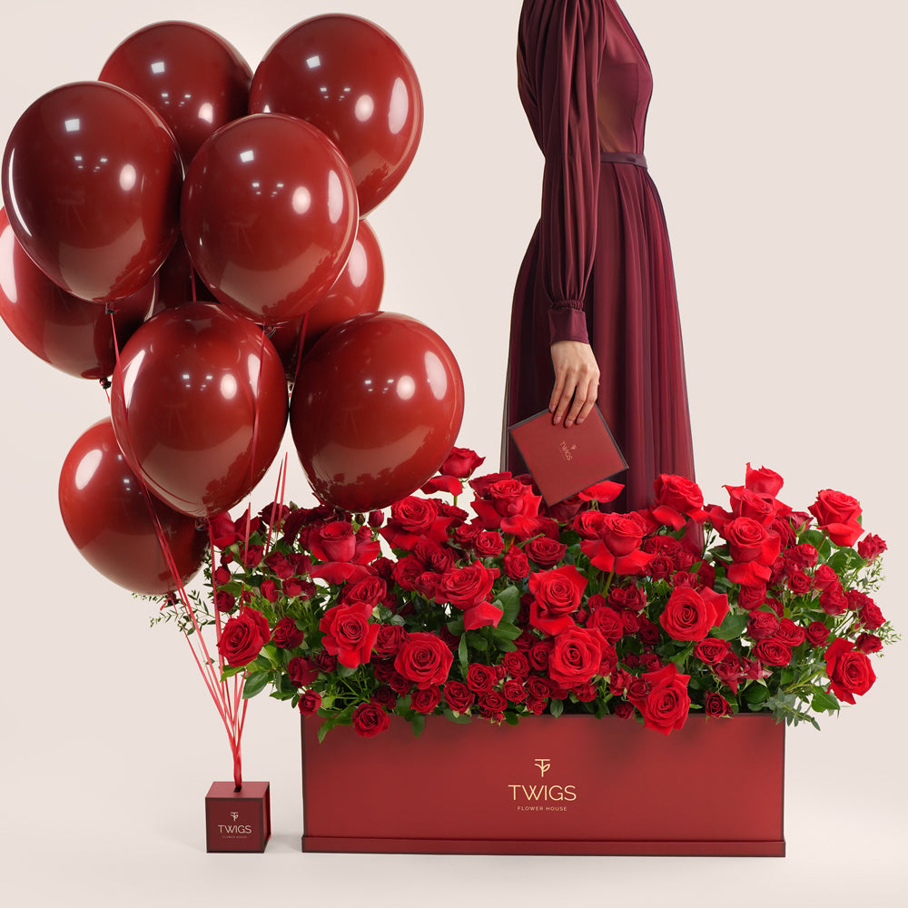 luxury red roses garden box with balloons valentine’s day flower delivery uae