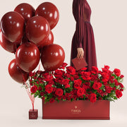 luxury red roses garden box with balloons valentine’s day flower delivery uae