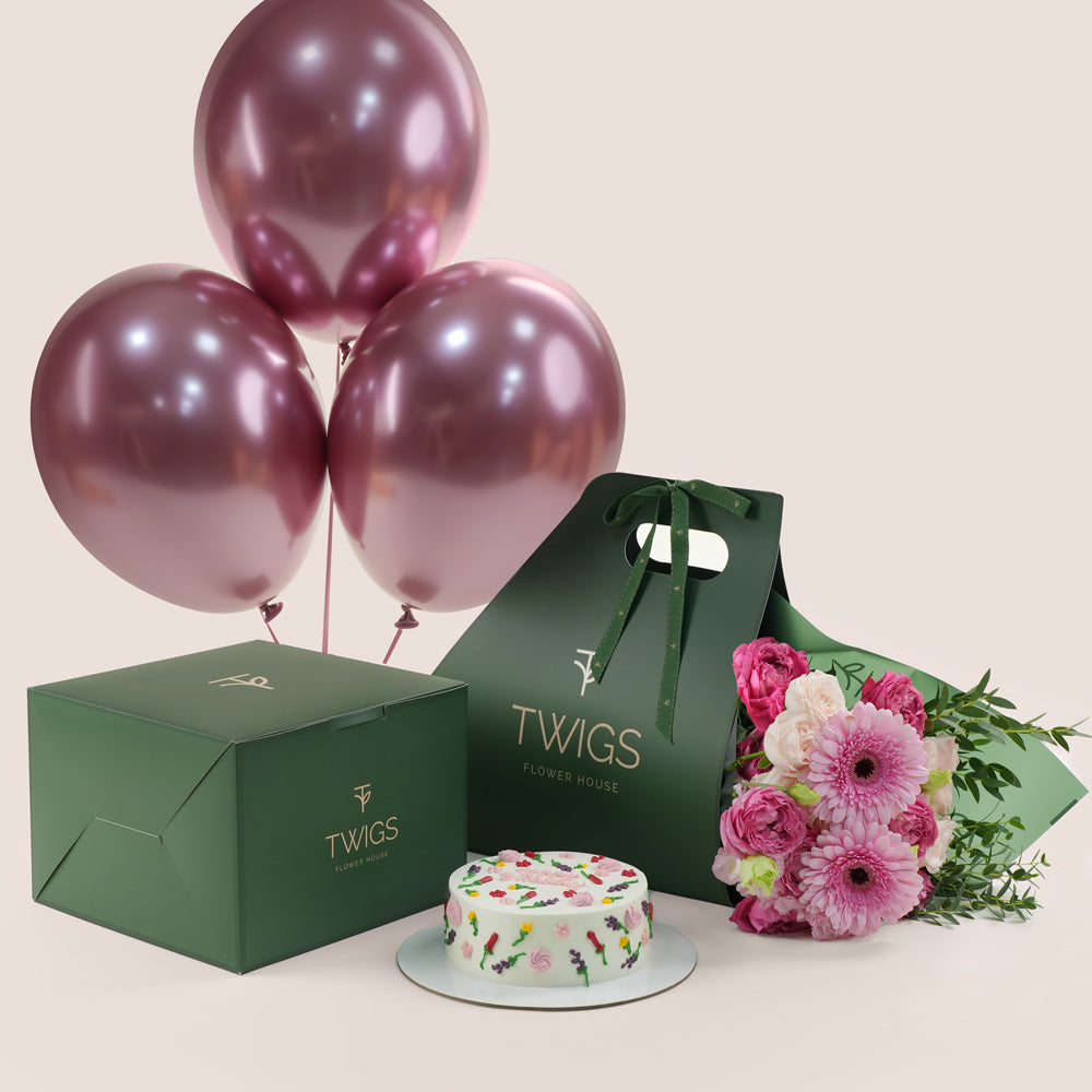 BirthdayBouquet With Cake and Balloons   