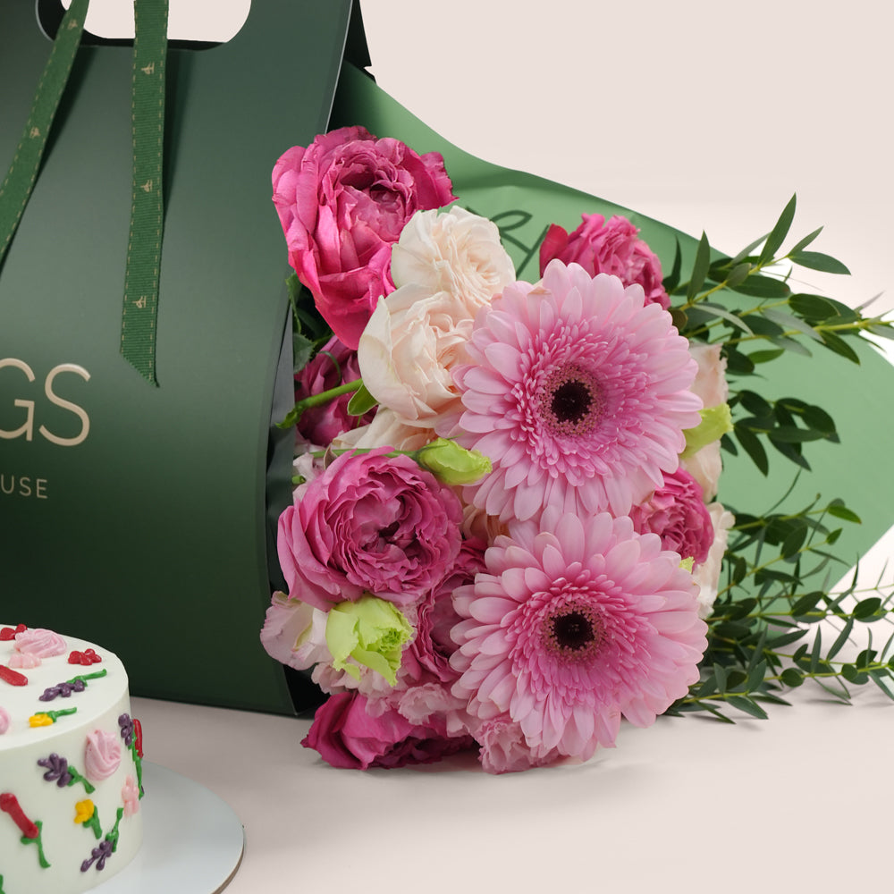 Pretty in Pink Bouquet with Birthday Cake & Balloons