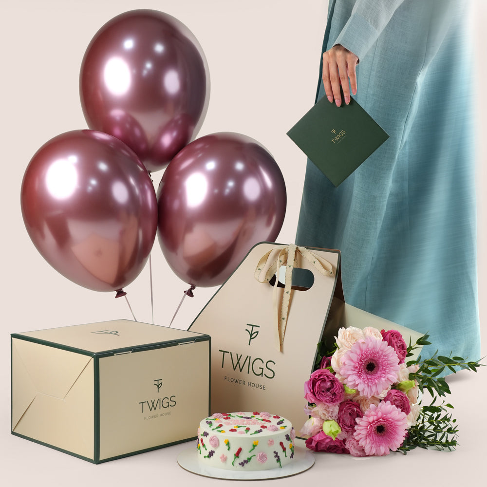 Pretty in Pink Bouquet with Birthday Cake & Balloons