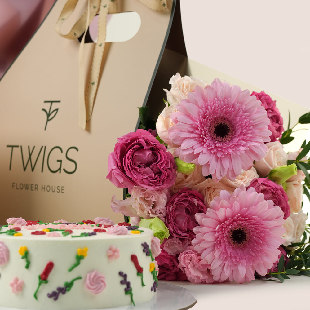 Pretty in Pink Bouquet with Birthday Cake & Balloons