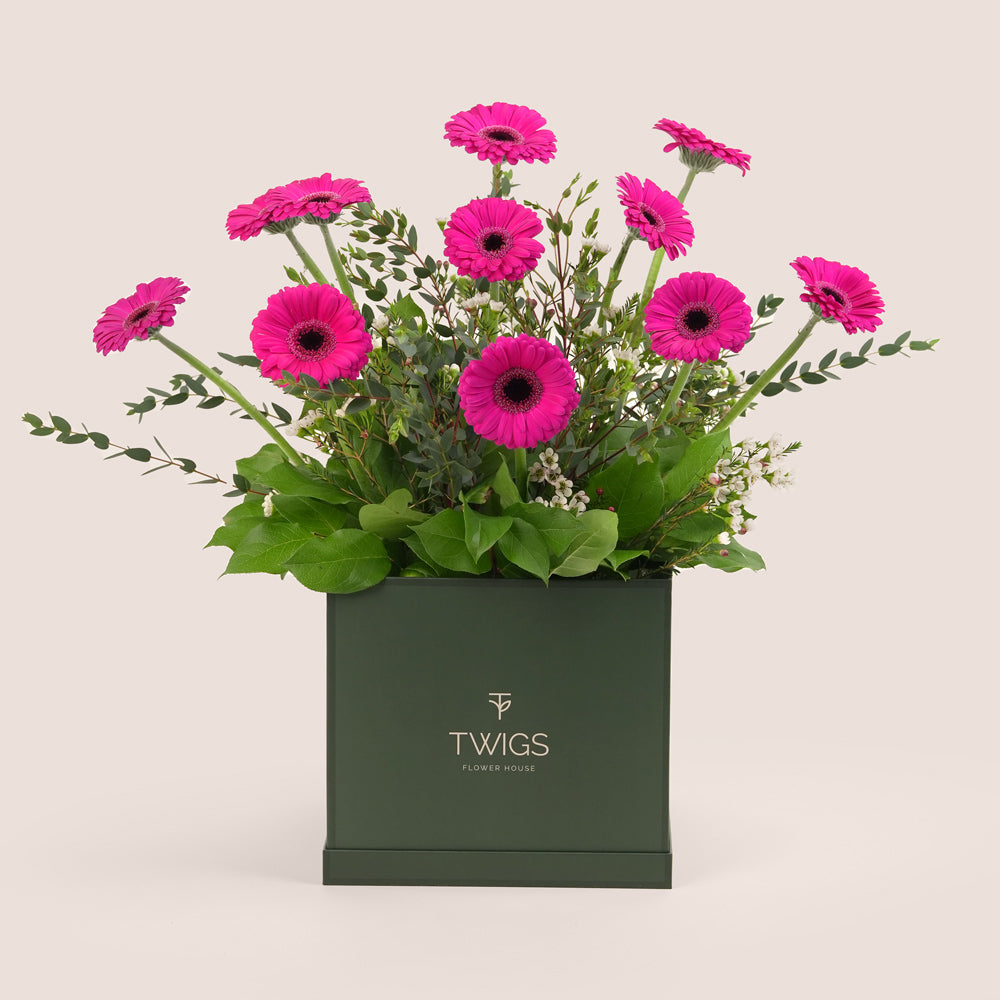 Fuchsia gerbera flower arrangement with fresh greenery in a TWIGS beige or green square box, available for same day flower delivery in Dubai when you buy flowers online.
