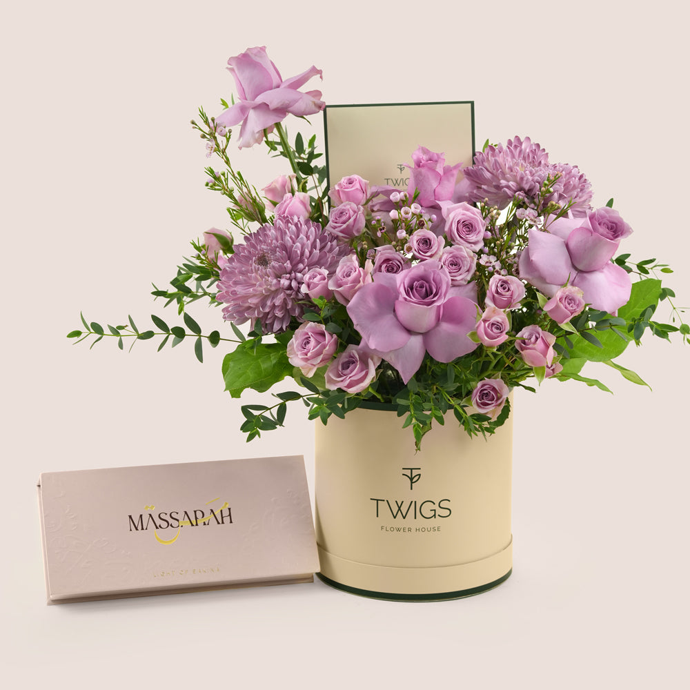 Emirati Women's Day lavender roses and purple chrysanthemums Deluxe round box bundled with Light of Sakina Massarah perfume oil discovery set