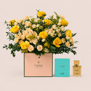 Golden Grace yellow rose flower box with Labaih perfume by Carmen Perfumes Dubai