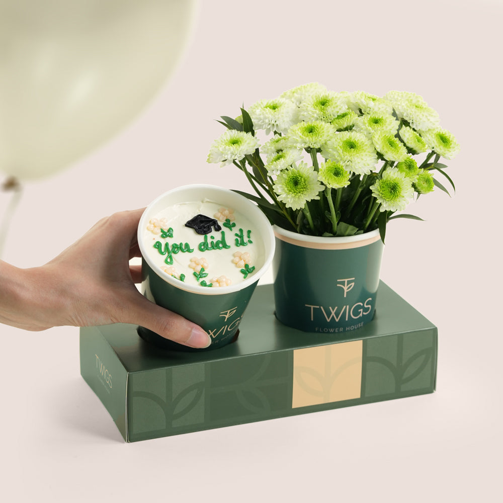 Graduation Flowers & Cupcake Combo with White Balloons | TWIGS