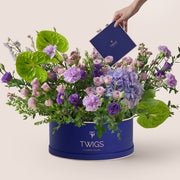 Purple hydrangea and green anthurium grande round flowers in blue box by TWIGS
