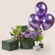 Purple flowers gift set with green anthurium, birthday cake, and purple chrome balloons by TWIGS