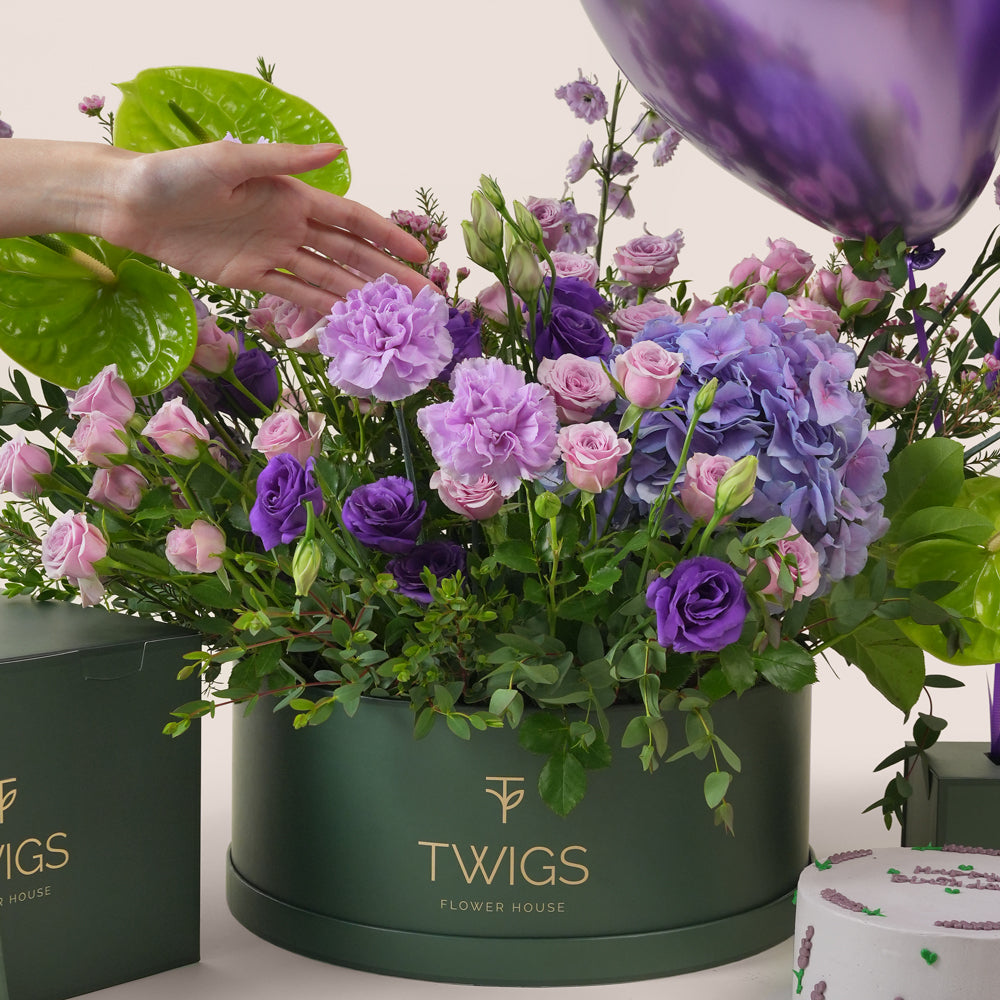 Purple flowers gift set with green anthurium, birthday cake, and purple chrome balloons by TWIGS