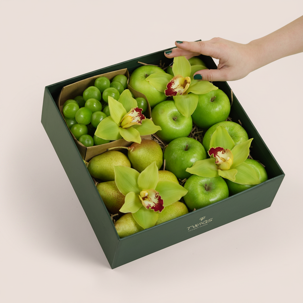 TWIGS Green Box with fresh Granny Smith apples, green pears, green grapes and yellow cymbidium orchids in a dark green gift box, Dubai UAE