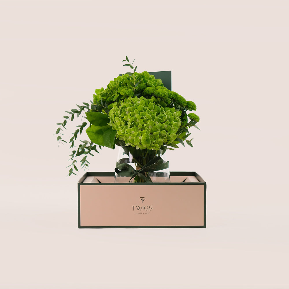 Green Harmony – Petite Vase with Hydrangeas & Chrysanthemums -