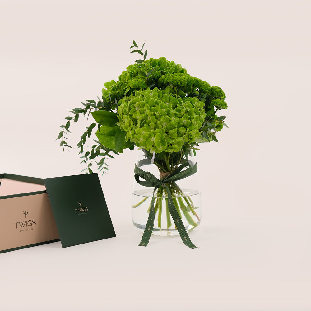 Green Harmony – Petite Vase with Hydrangeas & Chrysanthemums -