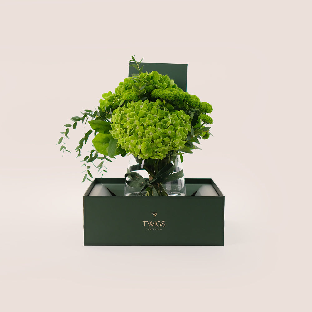 Green Harmony – Petite Vase with Hydrangeas & Chrysanthemums -