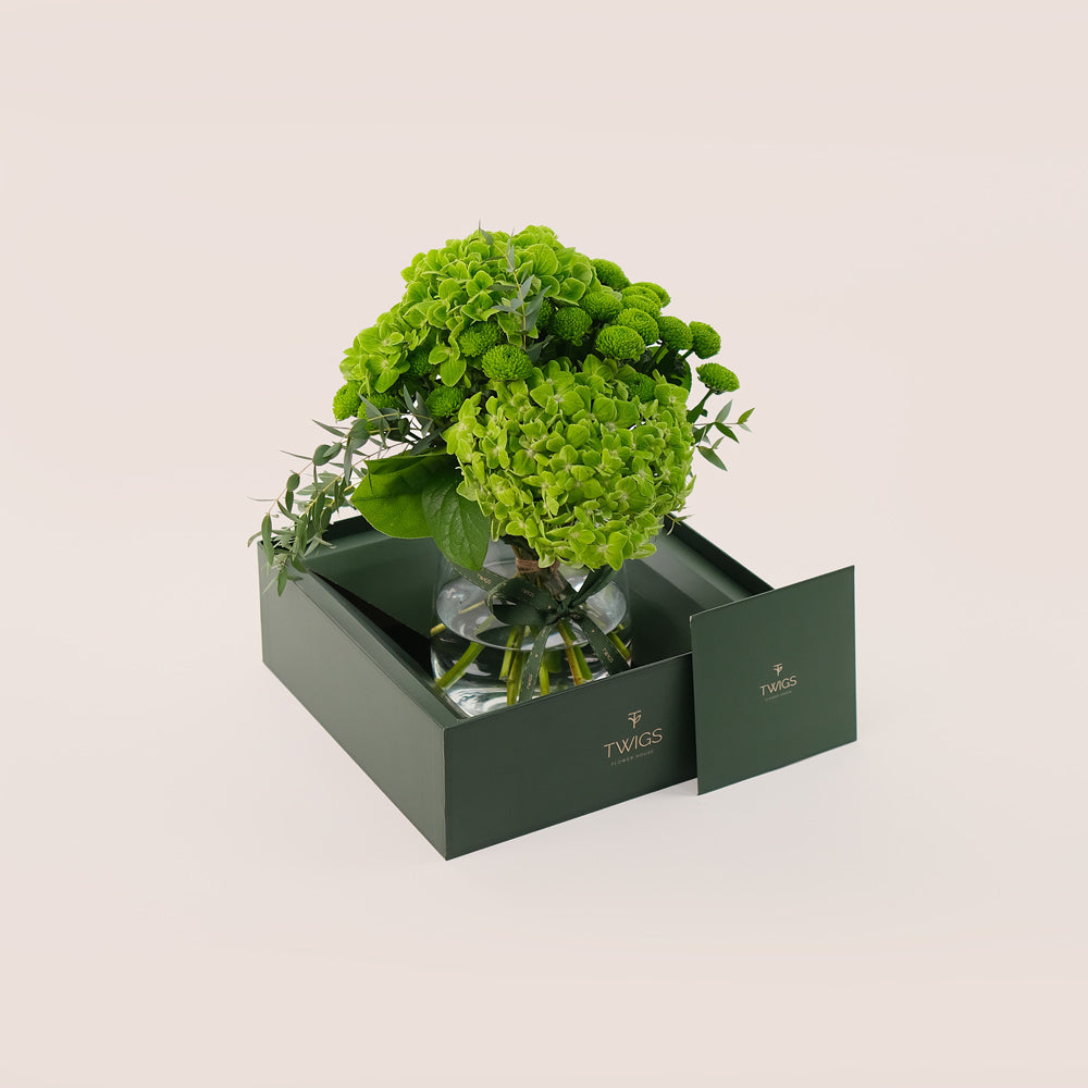 Green Harmony – Petite Vase with Hydrangeas & Chrysanthemums -