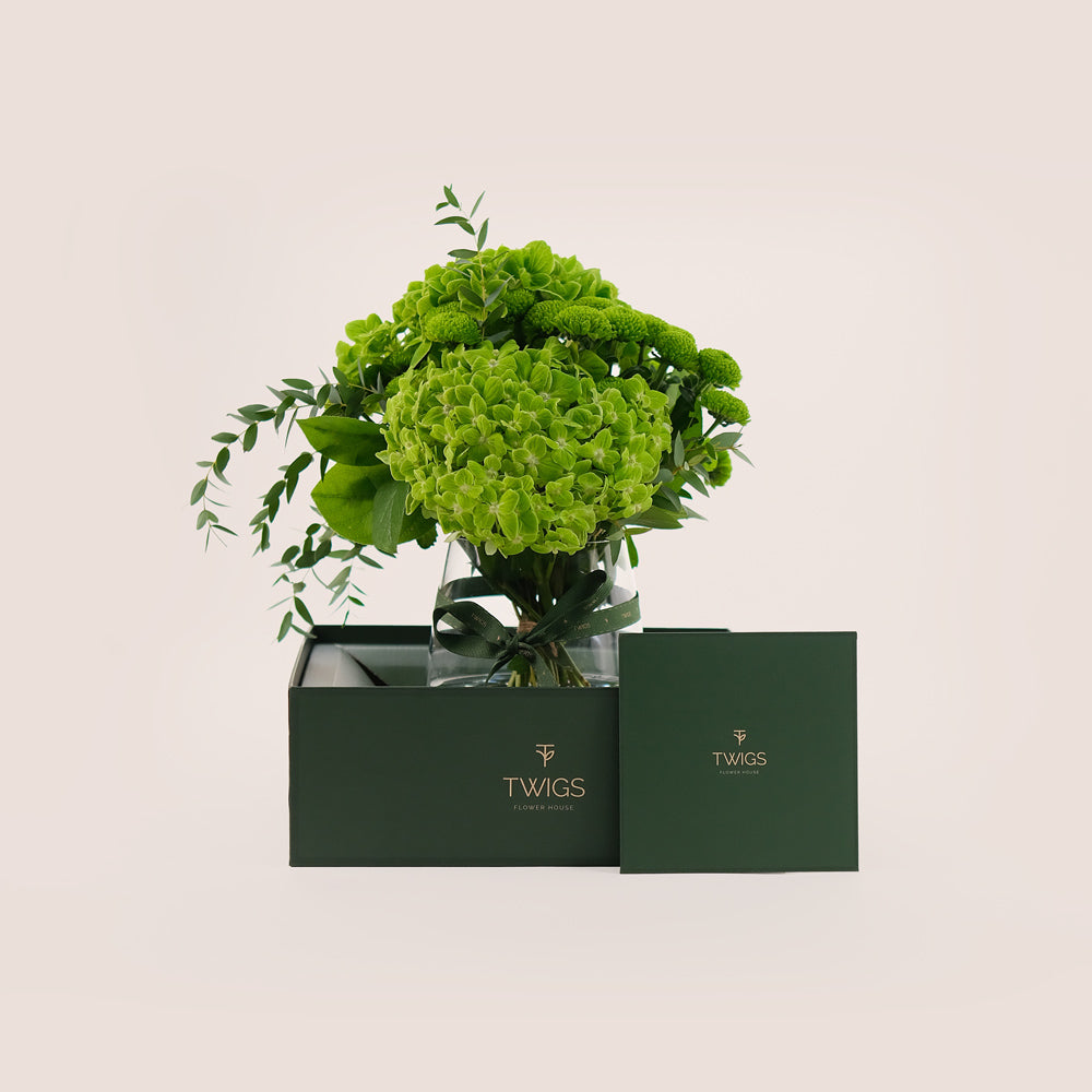 Green Harmony – Petite Vase with Hydrangeas & Chrysanthemums -