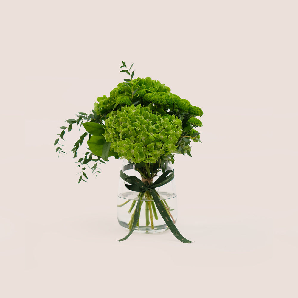 Green Harmony – Petite Vase with Hydrangeas & Chrysanthemums -