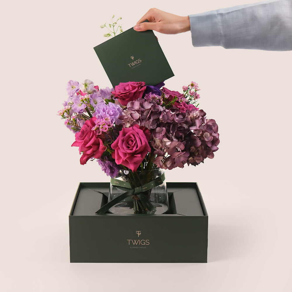 Purple Majesty – Flowers in a Petite Vase & Premium Chocolate Gift Set