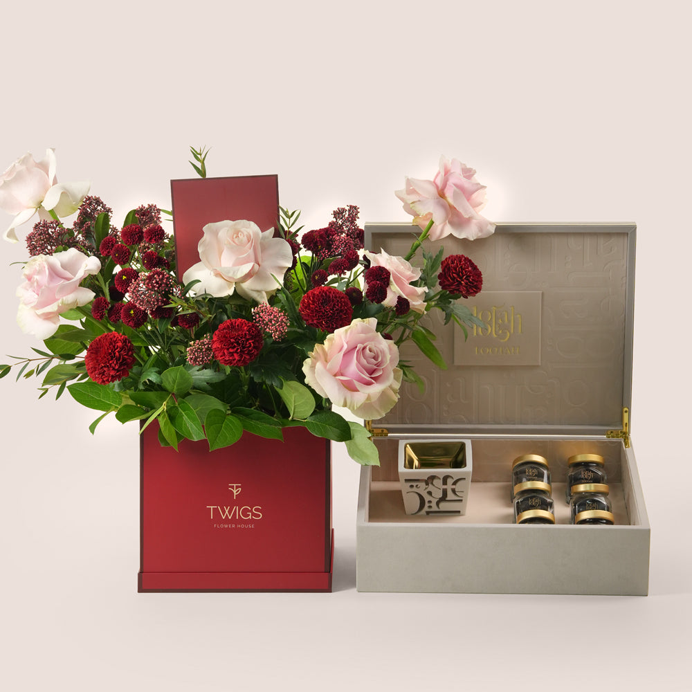 Luxury burgundy flower box with Mondial roses paired with Lootah incense Eid gift set – UAE same-day delivery