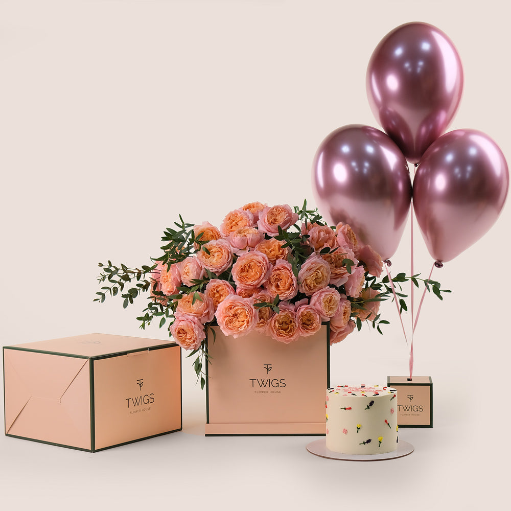 Juliet Peach Celebration Box – Elegant Blooms, Cake & Balloons  – A Luxurious Birthday Surprise