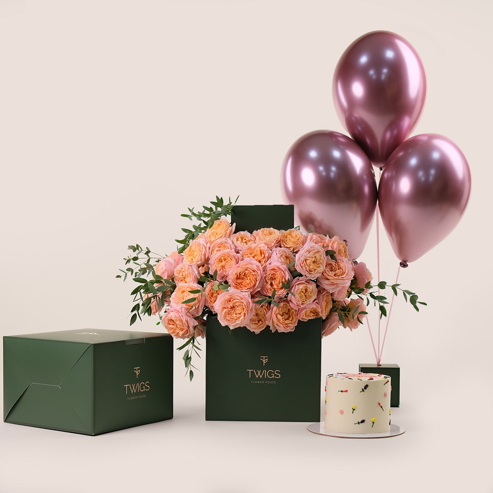 Juliet Peach Celebration Box – Elegant Blooms, Cake & Balloons  – A Luxurious Birthday Surprise