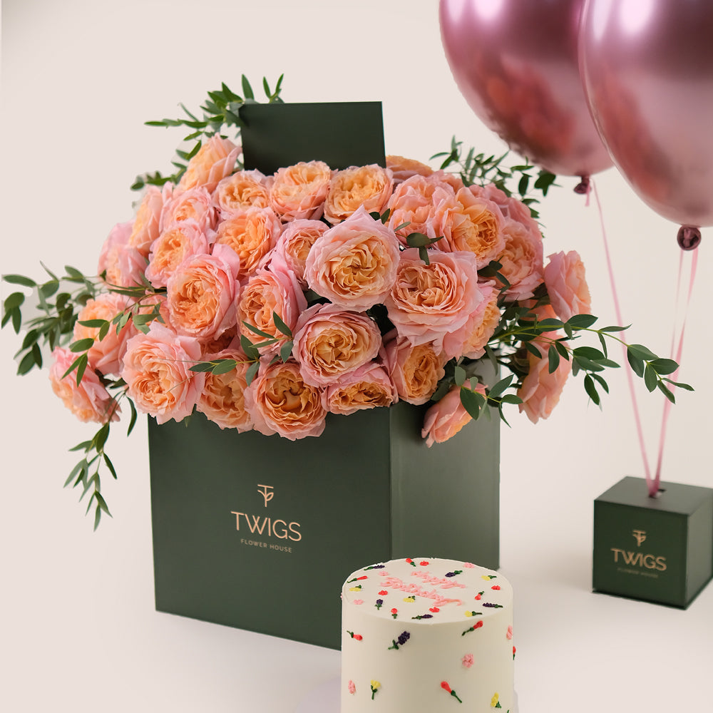 Juliet Peach Celebration Box – Elegant Blooms, Cake & Balloons  – A Luxurious Birthday Surprise