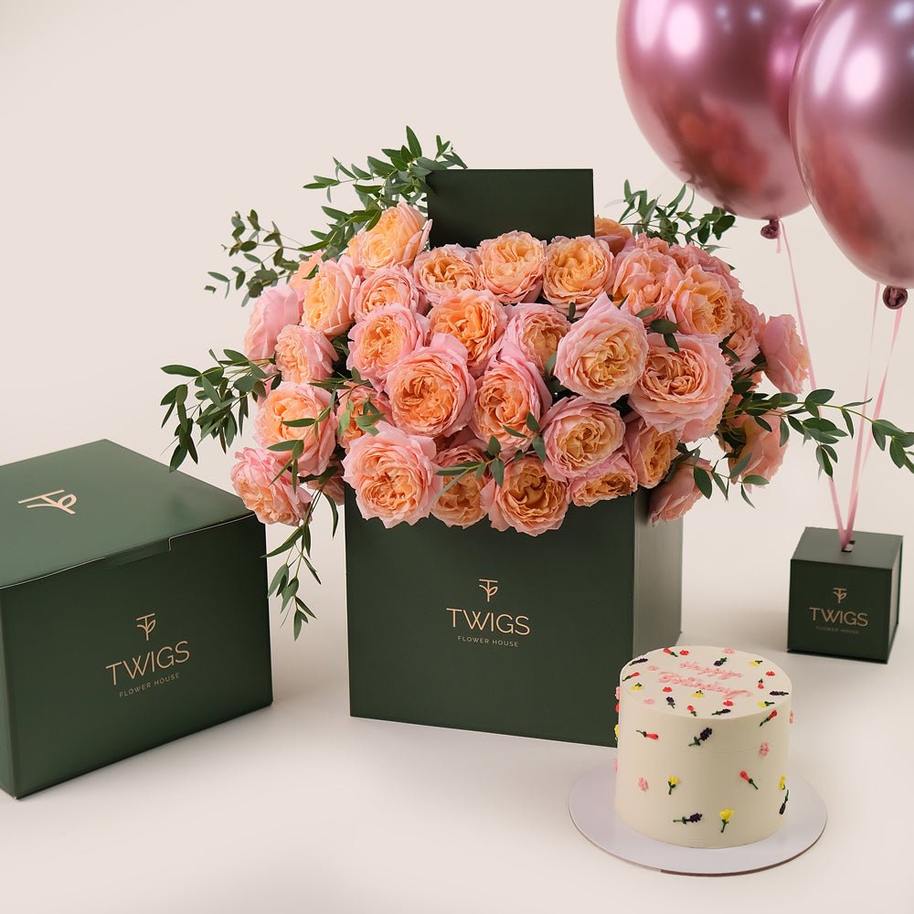 Juliet Peach Celebration Box – Elegant Blooms, Cake & Balloons  – A Luxurious Birthday Surprise