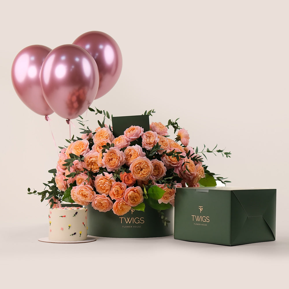 Juliet Peach Birthday Bundle – Grande Flowers, Cake & Balloons  – A Grand Celebration of Beauty & Sweetness