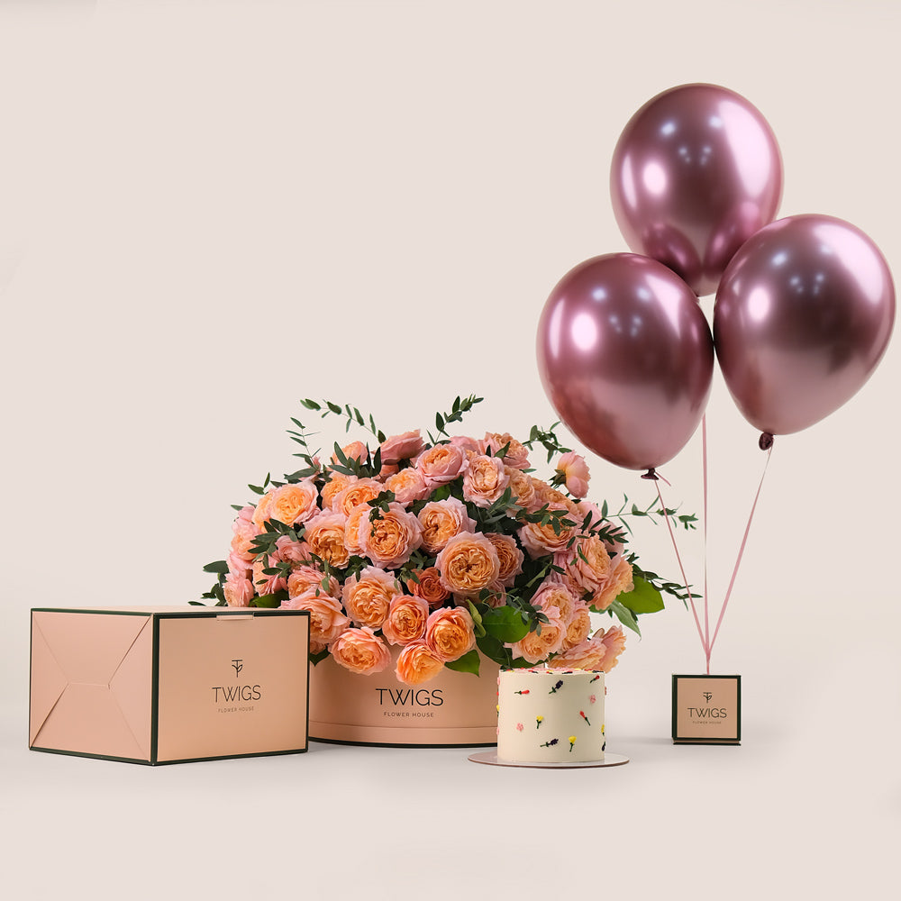 Juliet Peach Birthday Bundle – Grande Flowers, Cake & Balloons  – A Grand Celebration of Beauty & Sweetness