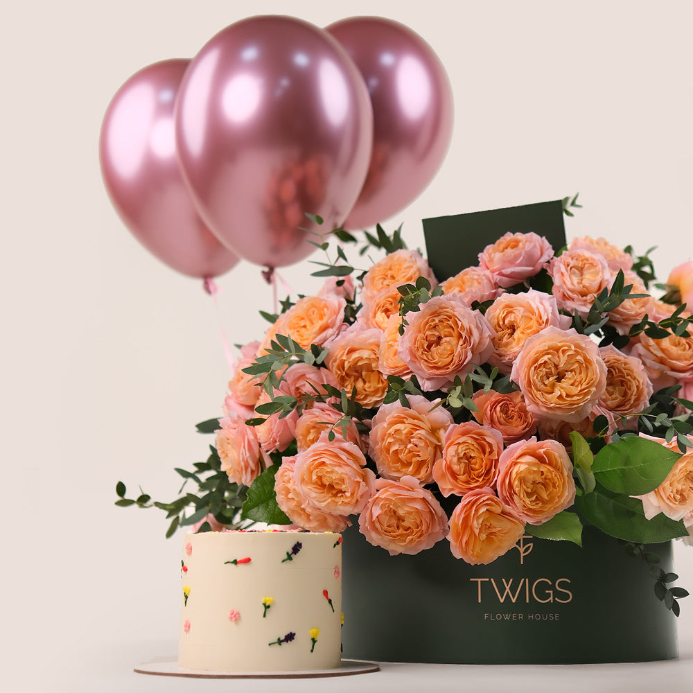 Juliet Peach Birthday Bundle – Grande Flowers, Cake & Balloons  – A Grand Celebration of Beauty & Sweetness