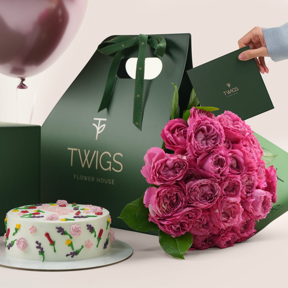 Premium pink roses with birthday cake twigs dubai