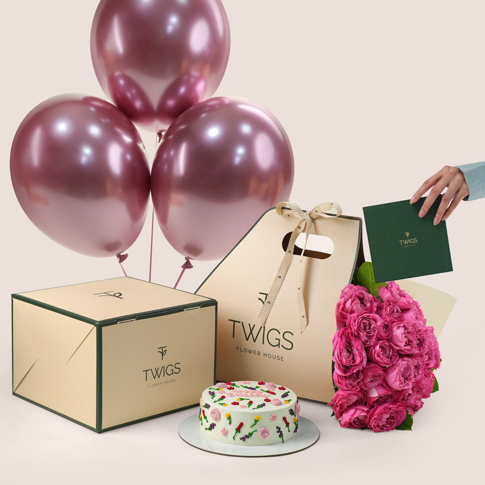 Premium pink roses with birthday cake twigs dubai