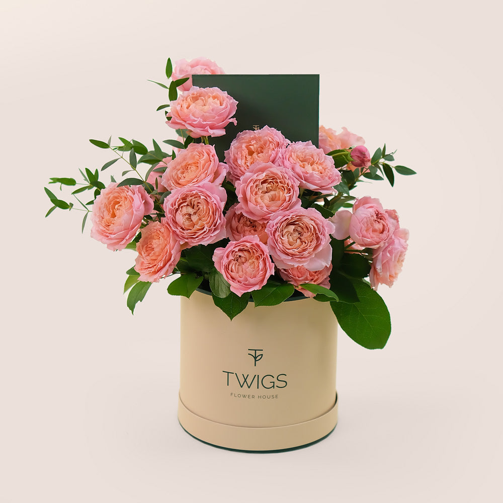 A round, beige-colored TWIGS deluxe box containing a beautiful arrangement of Juliet peach spray roses with green leaves.