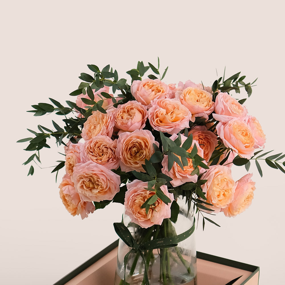 Peach Juliet Roses in a Flower Vase – A Graceful Blend of Beauty and Sophistication