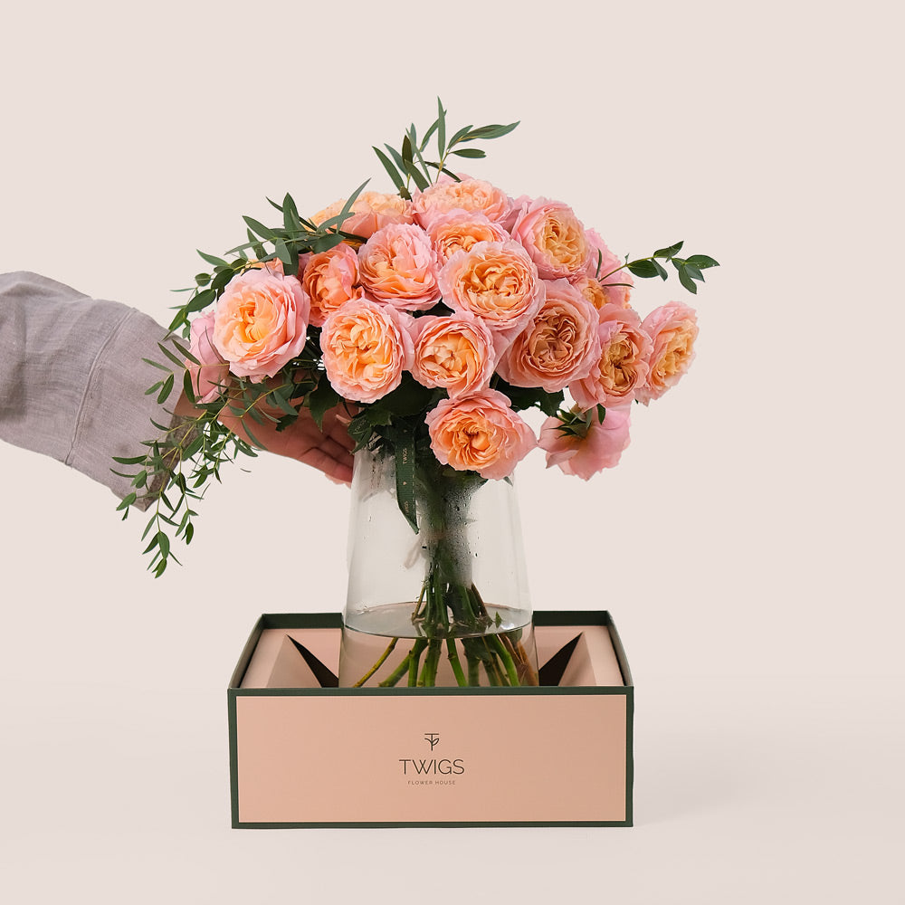 Peach Juliet Roses in a Flower Vase – A Graceful Blend of Beauty and Sophistication