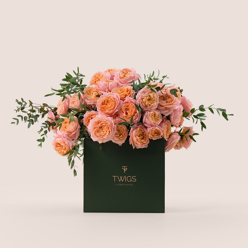 Peach Juliet Spray Roses in TWIGS Flower Box – A Timeless Gift of Soft Elegance