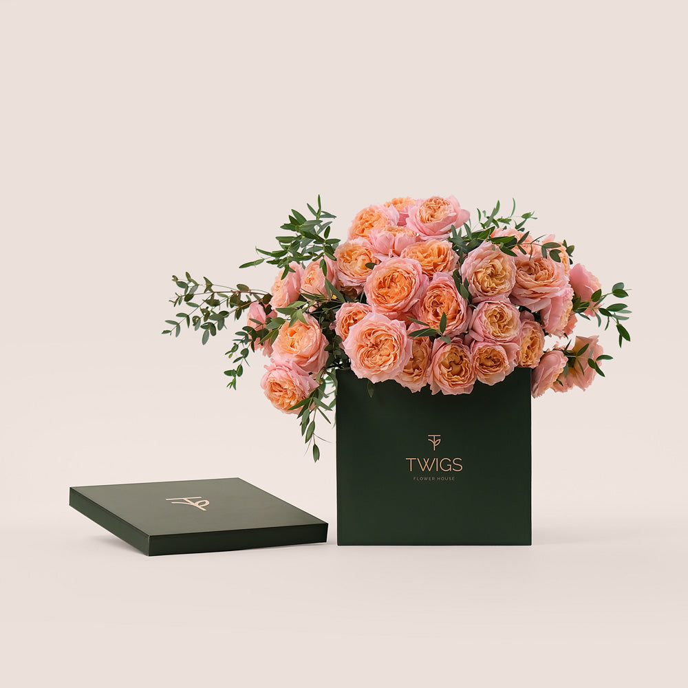 Peach Juliet Spray Roses in TWIGS Flower Box – A Timeless Gift of Soft Elegance