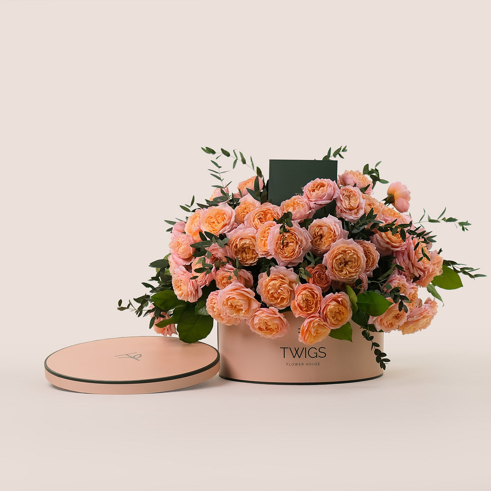 Grande Peach Juliet Spray Roses Round Box – A Luxurious Display of Soft Peach Elegance