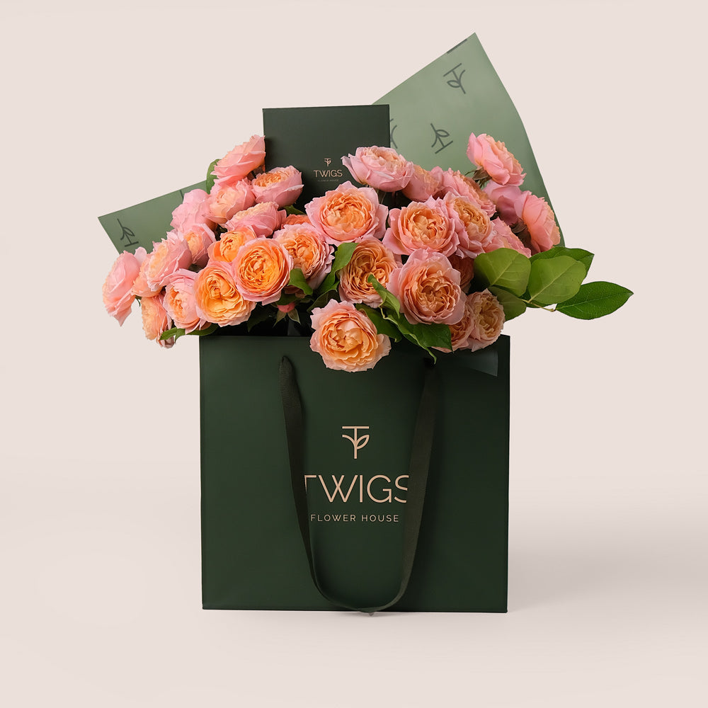 Peach Juliet Spray Roses Hand-Tied Bouquet – Soft Elegance in a Chic TWIGS Flower Bag