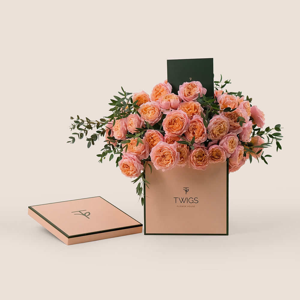 Peach Juliet Spray Roses in TWIGS Flower Box – A Timeless Gift of Soft Elegance