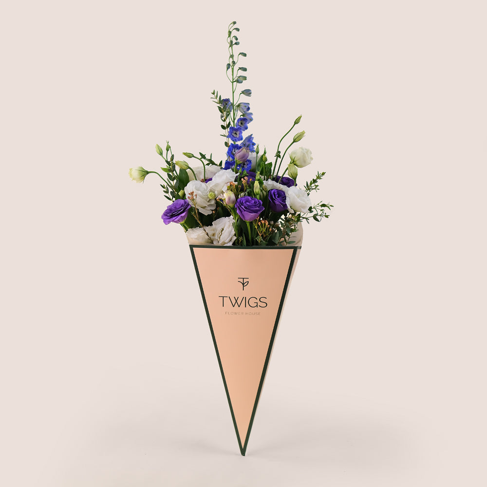 Lavender Charm Cone Bouquet – Lisianthus & Delphiniums