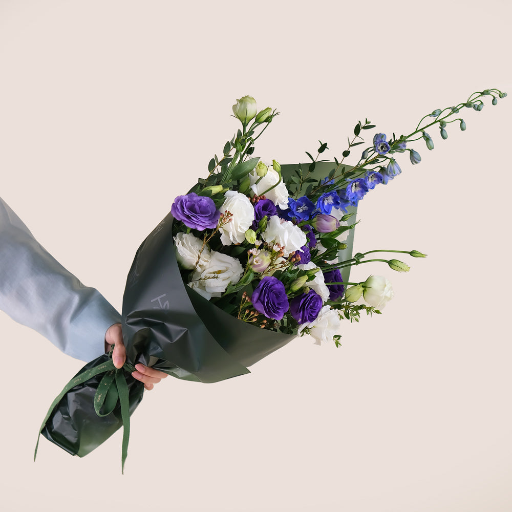 Lavender Charm Cone Bouquet – Lisianthus & Delphiniums