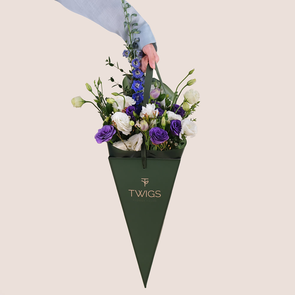 Lavender Charm Cone Bouquet – Lisianthus & Delphiniums