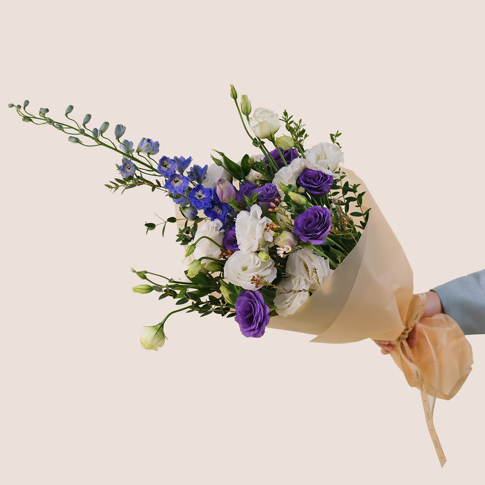 Lavender Charm Cone Bouquet – Lisianthus & Delphiniums