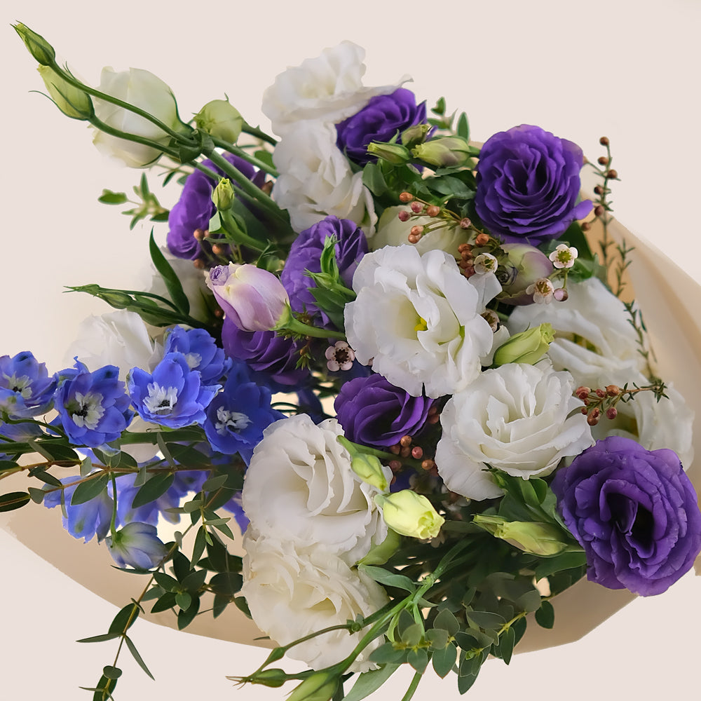 Lavender Charm Cone Bouquet – Lisianthus & Delphiniums