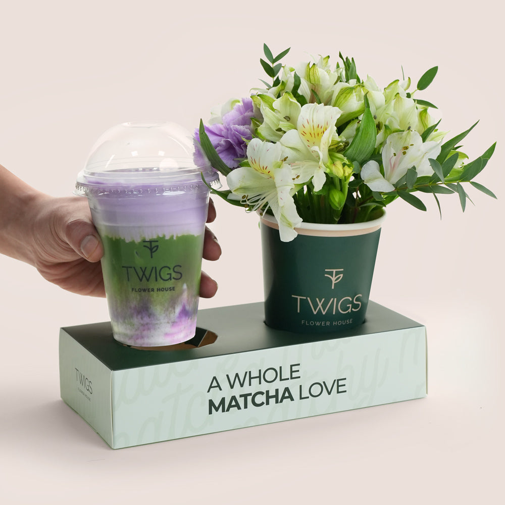 TWIGS matcha drink with a small bouquet of flowers 