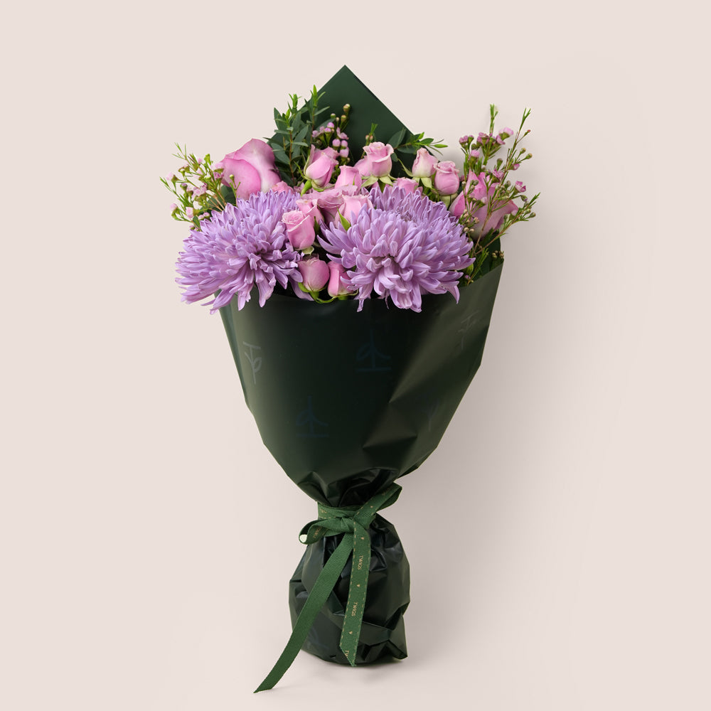 Emirati Women's Day lavender roses and purple chrysanthemums arranged in a TWIGS cone bag, Green and Beige options