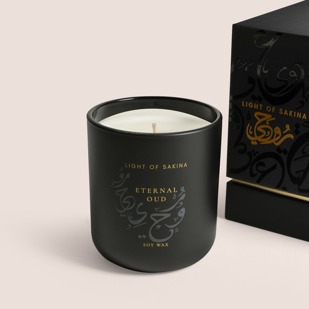 Eternal Oud 2024 candle in frosted glass with RUHI gift box, TWIGS x Light of Sakina collaboration